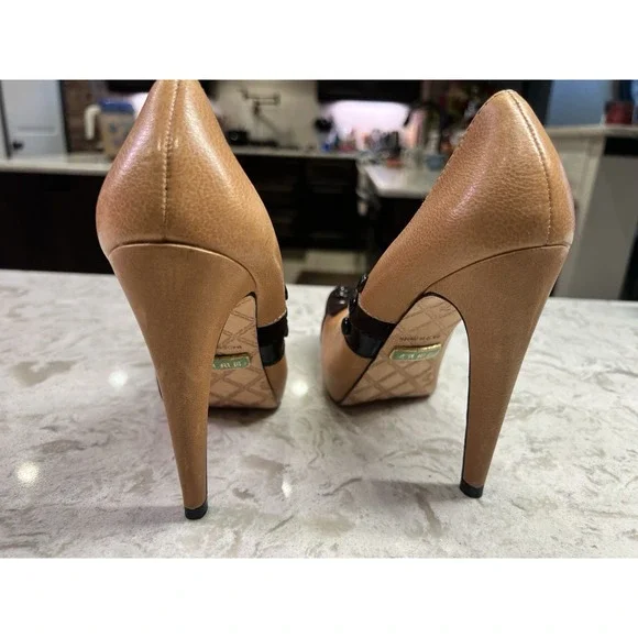 L.A.M.B. Fen tan and brown Leather square Toe Platform Pumps Size 7B